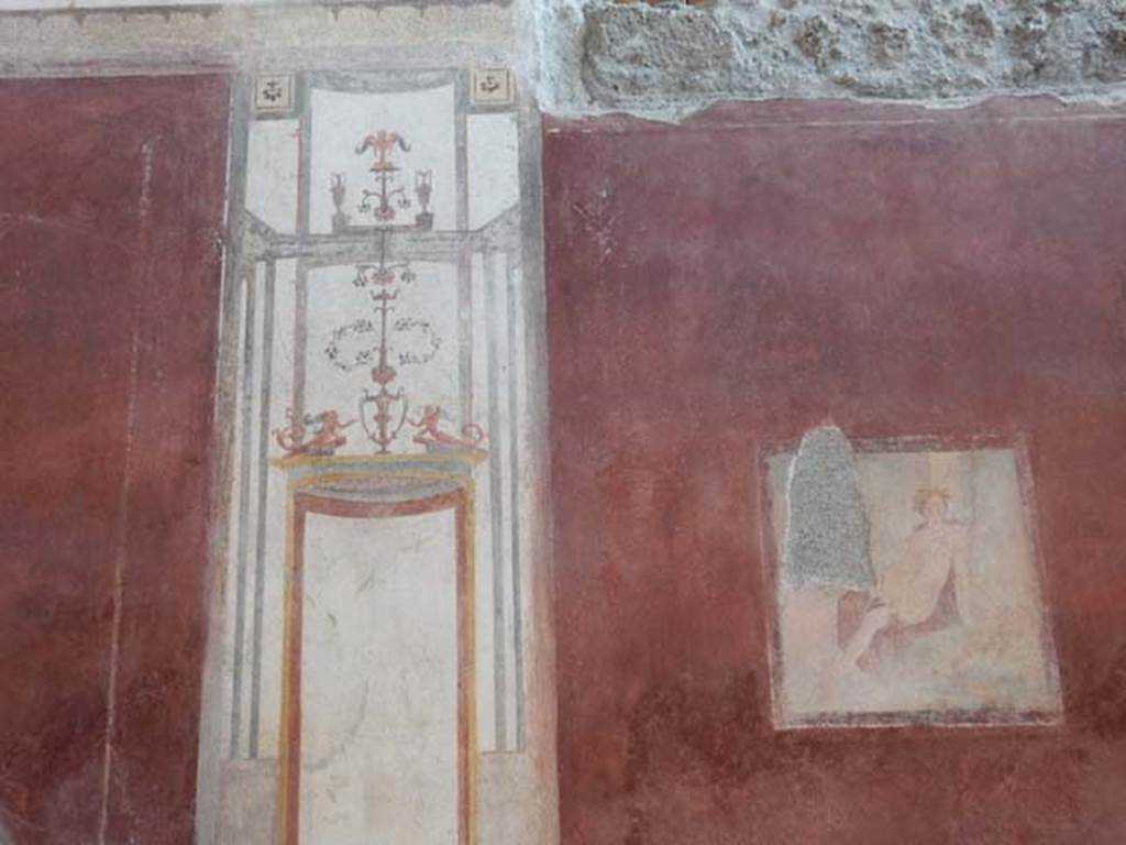 VIII.5.37 Pompeii. May 2017. Room 13, painted decoration from centre south end of west wall after restoration. Photo courtesy of Buzz Ferebee.