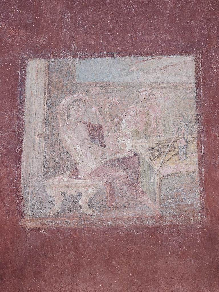 VIII.5.37 Pompeii. November 2024.
Room 13, central wall painting from north wall of Apollo Citarista and Muse. Photo courtesy of Annette Haug.