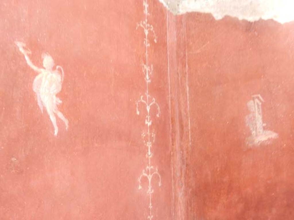 VIII.5.37 Pompeii. May 2017. Room 13, painted panels from north-east corner.
Photo courtesy of Buzz Ferebee. On the left is a painted Satyr, on the right is a sacred landscape with some trees and two figures.