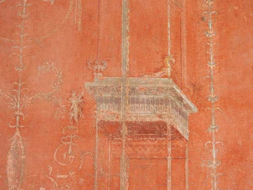 VIII.5.37 Pompeii. May 2017. Room 14, detail of painted decoration from east end of south wall of oecus. Photo courtesy of Buzz Ferebee.