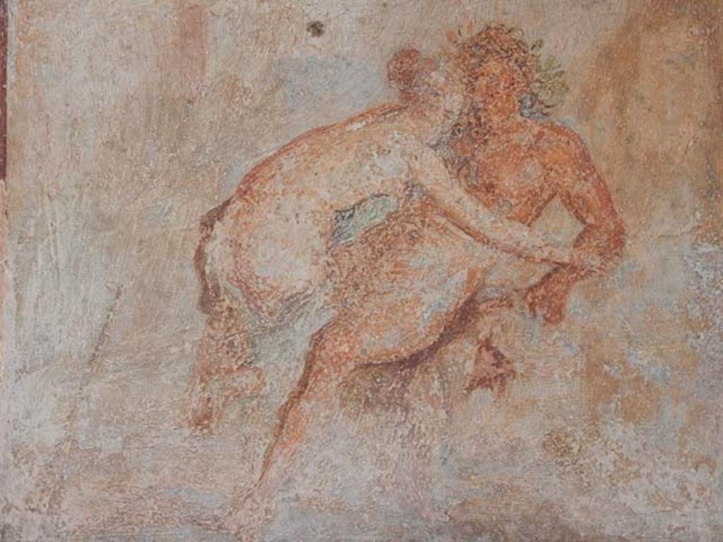 VIII.5.37 Pompeii. May 2017. Room 14, detail from central painting on south wall thought to be either a Nymph and Silenus (or Polyphemus and Galatea). Photo courtesy of Buzz Ferebee.