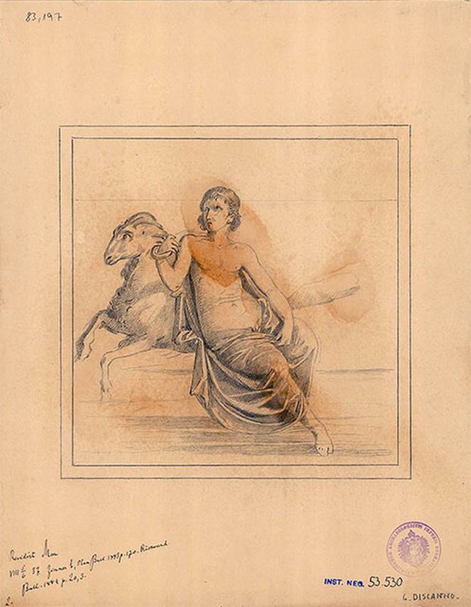 VIII.5.37 Pompeii. Room 14, central painting on west wall of oecus.
Drawing by Discanno of wall painting of Phrixus (or Phryxus or Frisso) and the ram.
DAIR 83.197. Photo © Deutsches Archäologisches Institut, Abteilung Rom, Arkiv.
See http://arachne.uni-koeln.de/item/marbilder/5022369