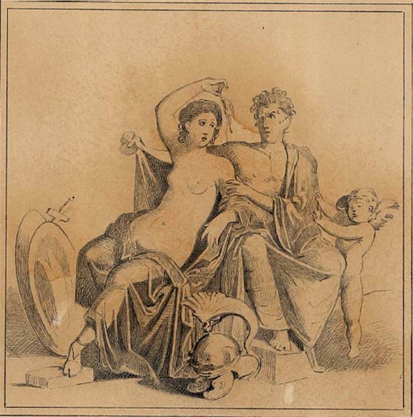 VIII.5.37 Pompeii. Room 14, oecus, centre of north wall. Drawing by Discanno of wall painting of Mars and Venus.
DAIR 83.196. Photo © Deutsches Archäologisches Institut, Abteilung Rom, Arkiv.