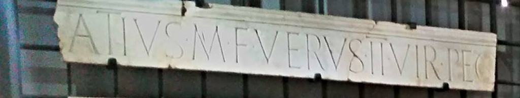 VIII.7.19 Pompeii. 
Part of the dedication for the building of a floor (datable 30BC – 10AD), found set into the flooring of the theatre. 
Photo courtesy of Giuseppe Ciaramella.
Now in Naples Archaeological Museum, inv. no. 3830, (CIL X, 955), reading –
[M(arcus) Ocu]ḷatius M(arci) f(ilius) Verus, I̅I̅vir, peq(unia) [---].      [CIL X, 955]
“Marcus Oculatius Verus son of Marcus, duovir, (had this made) at his own expense”.
The duovir with judicial powers Marcus Oculatius commissioned a new marble slab floor, paying for it from his own funds.
(“Marco Oculazio Vero figlio di Marco, duoviro, (fece fare) a sue spese”).
Il duoviro giusdicente Marco Oculazio commissiona il rifacimento della pavimentazione a lastre di marmo con i propri fondi.

