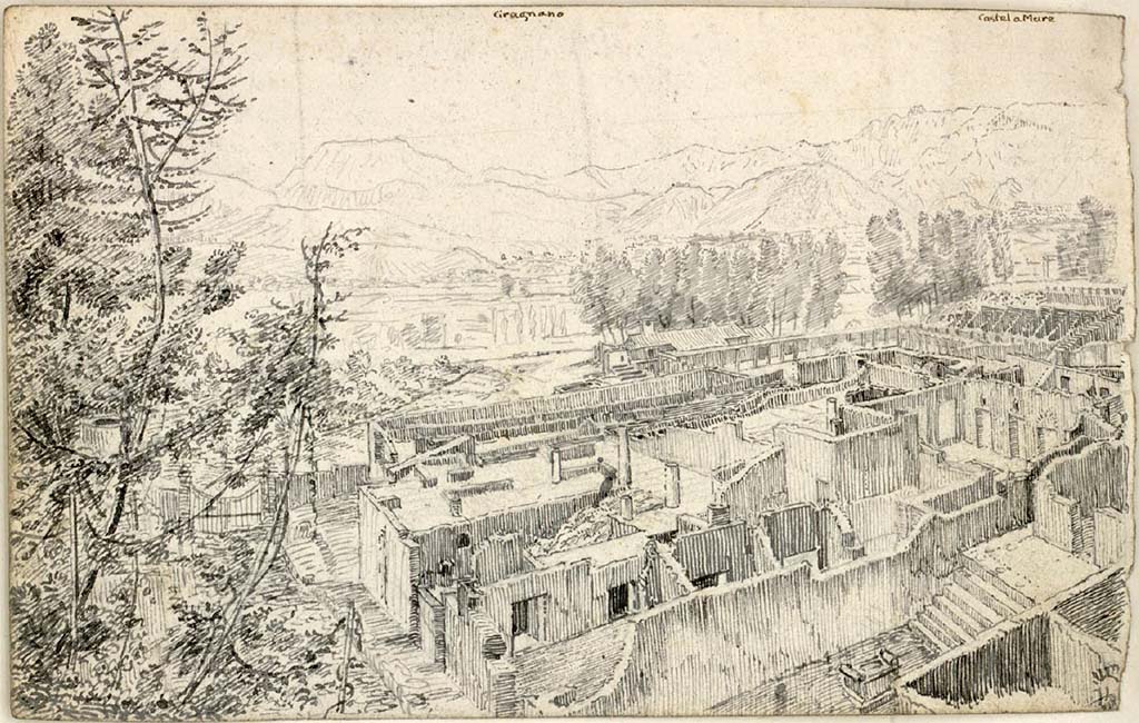 VIII.7.24 Pompeii. c.1819 sketch by W. Gell. 
Looking south above Temple at VIII.7.25, towards atrium, steps to upper floor and area of upper portico garden, (in centre of sketch).  
See Gell W & Gandy, J.P: Pompeii published 1819 [Dessins publi�s dans l'ouvrage de Sir William Gell et John P. Gandy, Pompeiana: the topography, edifices and ornaments of Pompei, 1817-1819], pl. 39 verso.
See book in Biblioth�que de l'Institut National d'Histoire de l'Art [France], collections Jacques Doucet Gell Dessins 1817-1819
Use Etalab Open Licence ou Etalab Licence Ouverte
