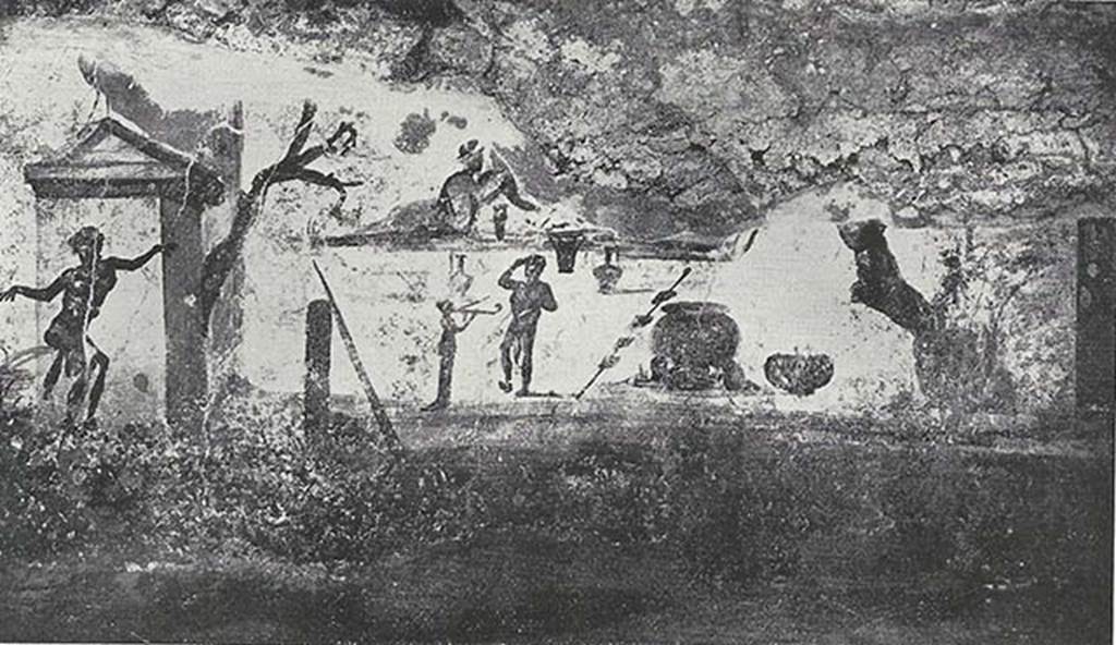 VIII.7.24 Pompeii. 1955. Fragment of Nilotic painting in peristyle. South wall. Country scene.
See Maiuri A., 1955. Una Nuova Pittura Nilotica a Pompei. Roma: Acc. Naz dei Lincei, Tav. II, 1.