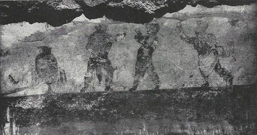 VIII.7.24 Pompeii. 1955. Fragment of Nilotic painting in peristyle. East wall. Right side of scene in the palestra.
See Maiuri A., 1955. Una Nuova Pittura Nilotica a Pompei. Roma: Acc. Naz dei Lincei, Tav. VII, 2.