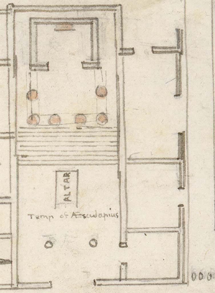 VIII.7.25 Pompeii. c.1819, sketch of plan of Temple, by W. Gell.
See Gell W & Gandy, J.P: Pompeii published 1819 [Dessins publiés dans l'ouvrage de Sir William Gell et John P. Gandy, Pompeiana: the topography, edifices and ornaments of Pompei, 1817-1819], pl. 86 (part).
See book in Bibliothèque de l'Institut National d'Histoire de l'Art [France], collections Jacques Doucet Gell Dessins 1817-1819
Use Etalab Open Licence ou Etalab Licence Ouverte
