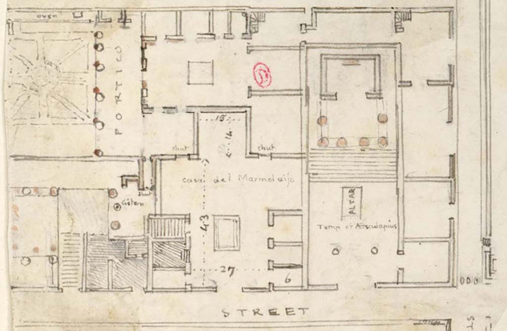 VIII.7.26 Pompeii. c.1819. Sketch by W. Gell of house, top of plan, and its connection with other properties. 
The entrance doorway is in the top right, leading south through a series of small areas on the west side towards the atrium and portico area of the house.
See Gell W & Gandy, J.P: Pompeii published 1819 [Dessins publi�s dans l'ouvrage de Sir William Gell et John P. Gandy, Pompeiana: the topography, edifices and ornaments of Pompei, 1817-1819], pl. 86.
See book in Biblioth�que de l'Institut National d'Histoire de l'Art [France], collections Jacques Doucet Gell Dessins 1817-1819
Use Etalab Open Licence ou Etalab Licence Ouverte


