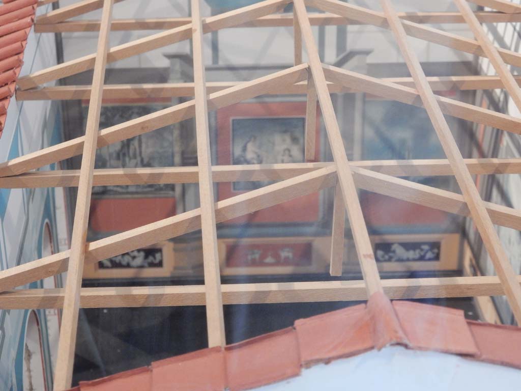 VIII.7.28 Pompeii. June 2019. Detail of paintings found on south wall. Model now in Naples Archaeological Museum.
Photo courtesy of Buzz Ferebee.
