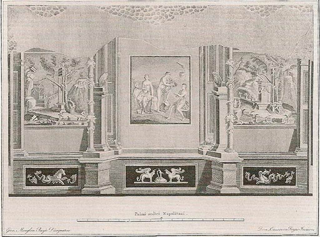 VIII.7.28 Pompeii. Old painting of north wall of the Ekklesiasterion by Giovanni Elia Morghen, engraved by Domenico Casanova. 
In the centre is the painting of Io, Argo and Hermes.
At the sides are views of shrines in rocky landscapes that recall those of Upper Egypt.
According to ICCD this may have been produced for a volume of the Antichit� di Ercolano.
The copper plates for this are now in Naples Archaeological Museum. Inventory number 351731.

