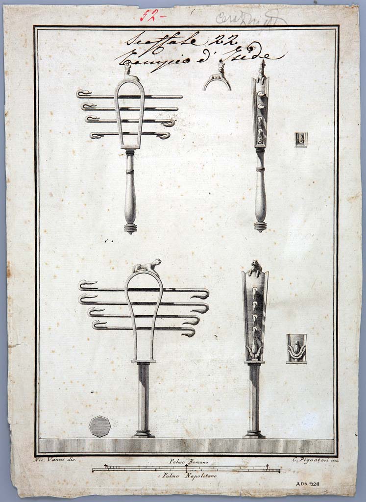 VIII.7.28 Pompeii. Drawing by Nicola Vanni of two sistrum from temple.
Now in Naples Archaeological Museum. Inventory number ADS 928.
Photo � ICCD. http://www.catalogo.beniculturali.it
Utilizzabili alle condizioni della licenza Attribuzione - Non commerciale - Condividi allo stesso modo 2.5 Italia (CC BY-NC-SA 2.5 IT)
