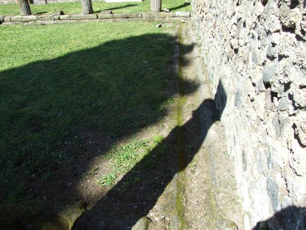 VIII.7.29 Pompeii. March 2009.  Gutter on East side, originally for a Colonnade on the East end, later removed and the area added to the Temple of Isis.  See Mau, A., 1907, translated by Kelsey F. W. Pompeii: Its Life and Art. New York: Macmillan, (p.165).
