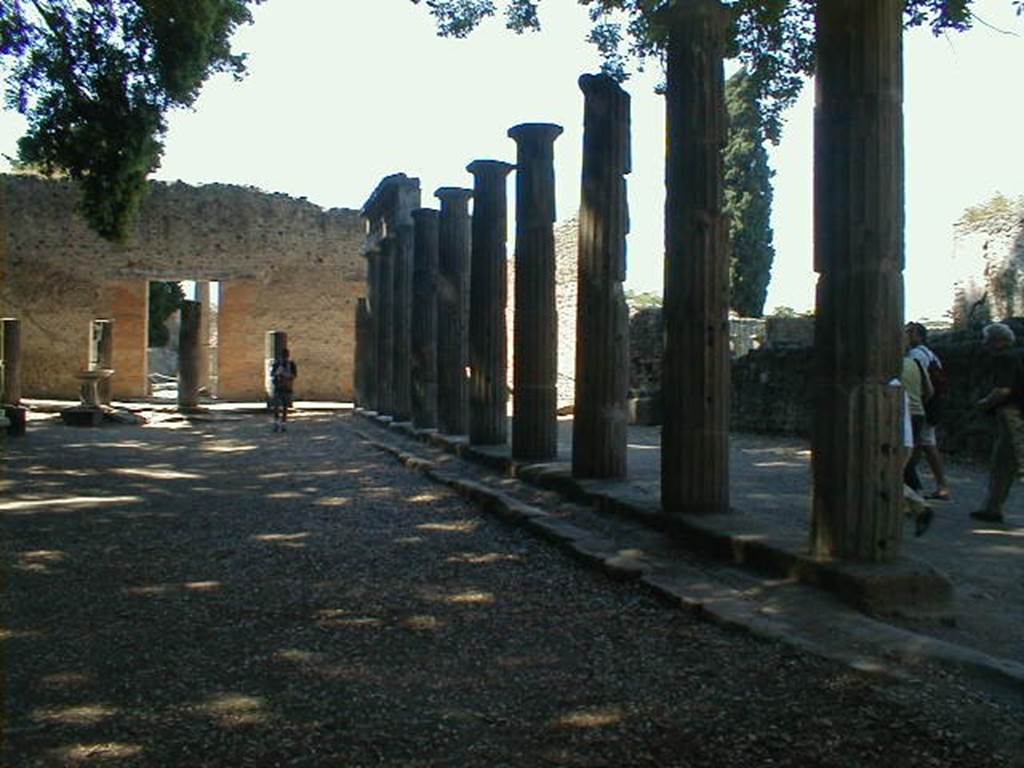 VIII.7.30 Pompeii. May 2004. Triangular Forum east side with gutter at base of columns.