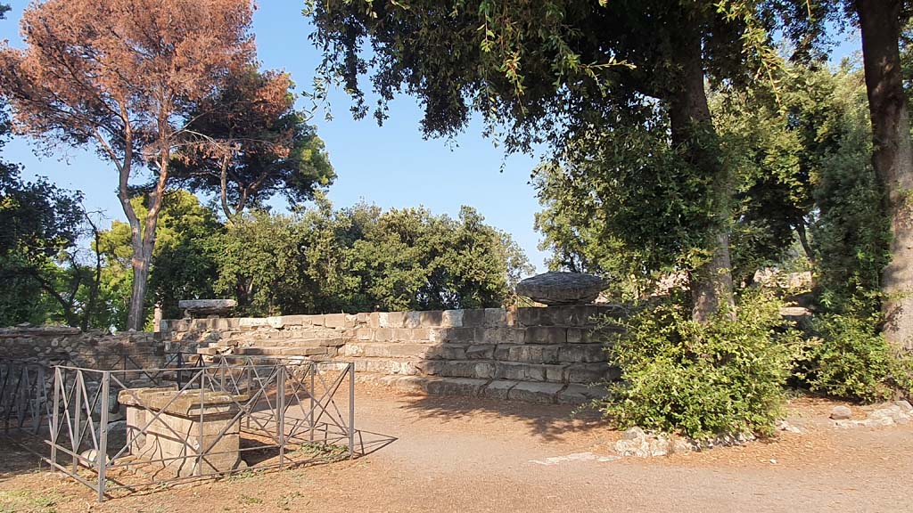 VIII.7.31 Pompeii. July 2021. Looking across the altars to the east side of the Doric Temple.
Foto Annette Haug, ERC Grant 681269 DÉCOR.

As we have identified the top end of the triangular Forum as being on the north side, this Temple does not conform to the same position.
We call the side leading from the Schola (the north-west corner) to the side nearest the north end of the Triangular Forum (north-east corner) – as the North side.  Please note that others may indicate this as being the West side.
The same obviously applies to the above photo, we call it the South side with the steps, to others it may be the East side.
