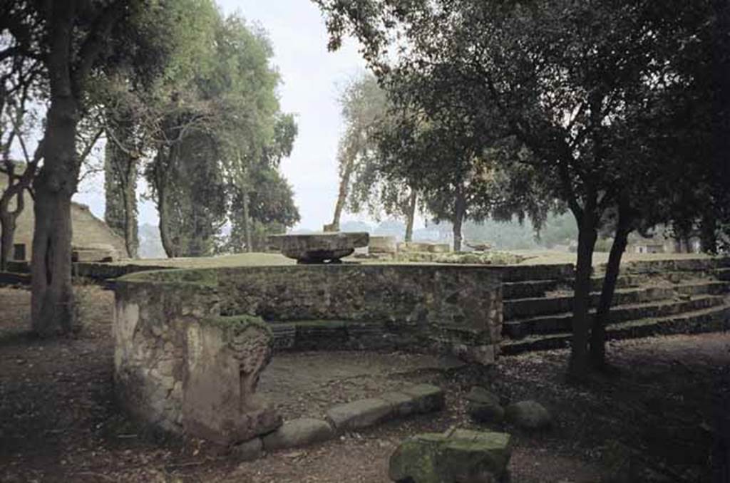 VIII.7.33 Pompeii Triangular Forum. May 2010. Semi circular stone bench or schola with lions’ feet next to the south-west corner of the temple. Photo courtesy of Rick Bauer.