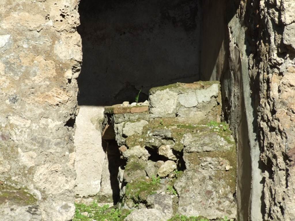 IX.1.4 Pompeii. March 2009. Hearth against south wall in rear room.
According to Boyce, somewhere in this shop on an east wall was a panel of special stucco. In this panel were painted two red serpents confronted at an altar. A tile was embedded in the wall below their heads, to serve as a shelf for offerings. There does not appear to be any signs today of either a tile or painting.
See Boyce G. K., 1937. Corpus of the Lararia of Pompeii. Rome: MAAR 14. (p.79)
According to Eschebach, the serpents were painted on the right pilaster of the shop room.
See Eschebach, L., 1993. Geb�udeverzeichnis und Stadtplan der antiken Stadt Pompeji. K�ln: B�hlau. (p.398)
