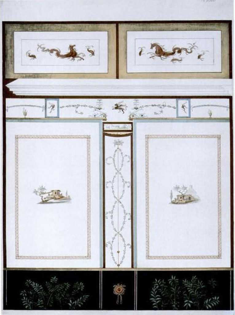 IX.1.20 Pompeii. 1869. Painted decoration on the north wall.
Painting by Harald Drewsen titled Casa di Sabino.
See Italien, Pompeji, rejseopm. 1869. Harald Drewsen 1836-1878, © Danmarks Kunstbibliotek, inventory number 17479.
See Danmarks Kunstbibliotek - Italien Pompeji rejseopm
See Gierow, M. Staub, Pompejanische Kopien aus Danemark, (SAP book no.24), (cat 273, p.228).

