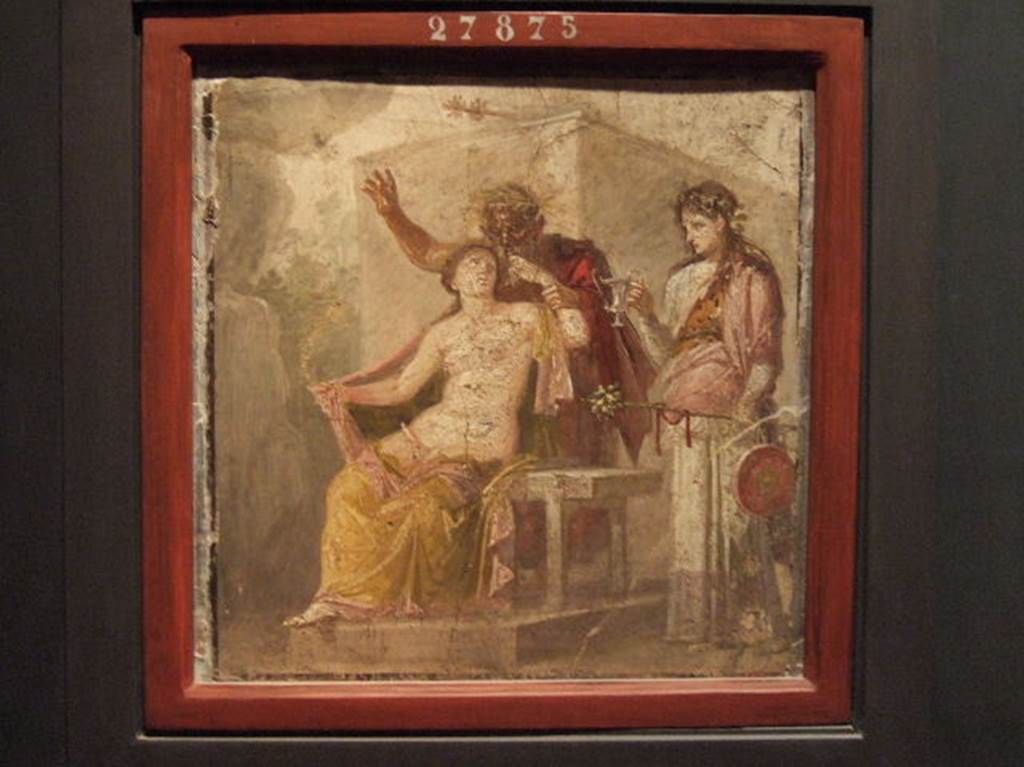 Painting of Hermaphrodite and Silenus.  Found in tablinum of IX.1.22 Pompeii, from west wall.  Now in Naples Archaeological Museum, inventory number 27875. Helbig identifies: Tablinum: Pan and Eros, 407, Hermaphrodite, 1371b.  See Helbig, W., 1868. Wandgemälde der vom Vesuv verschütteten Städte Campaniens. Leipzig: Breitkopf und Härtel. (1371b).
