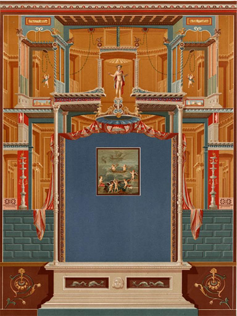 IX.1.22 Pompeii. Room 7, tablinum. 1886 painting of wall decoration, but with central painting of cupids in a boat.
See D’Amelio P., 1886. Dipinti Murali di Pompei.  Naples: Richter. Pl. XVII.
Schefold said that this was how the severely destroyed west wall would have looked, except that the Hermaphrodite and Silenus painting would have been seen in the centre, and not the cupids.
See Schefold, K., 1957. Die Wände Pompejis. Berlin: De Gruyter. (p.237)
See also photo by Tatiana Warscher. W.347. http://arachne.uni-koeln.de/item/marbilderbestand/230934
