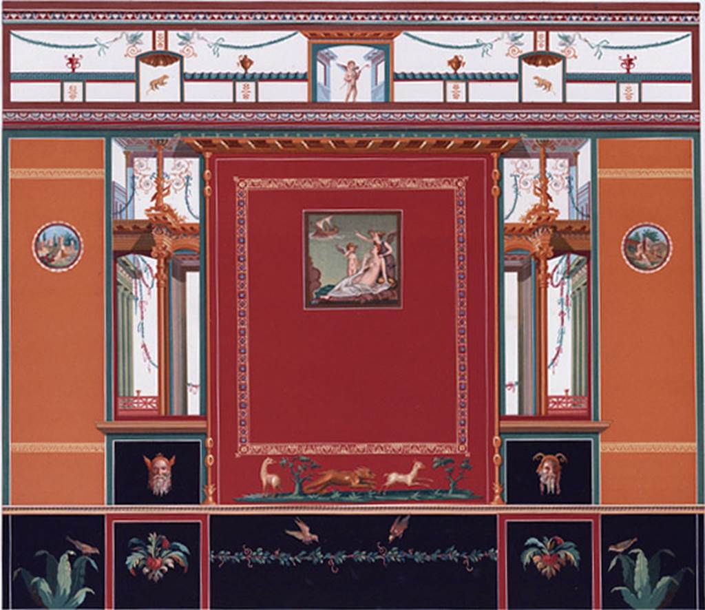 IX.2.5 Pompeii. 1886. Painting of north wall of triclinium. 
In the centre is the painting of Ariadne seated on the ground watching the ship of Theseus sailing away. 
Nemesis is at her shoulders and Cupid is turned towards her, holding his bow and wiping away his tears.
See D�Amelio P., 1886. Dipinti Murali di Pompei.  Naples: Richter. Pl. V.
According to PPM this is not completely faithful in some particulars.
See Pompei: Pitture e Mosaici, Vol. VIII, Roma: Istituto della enciclopedia italiana, p. 1055.
