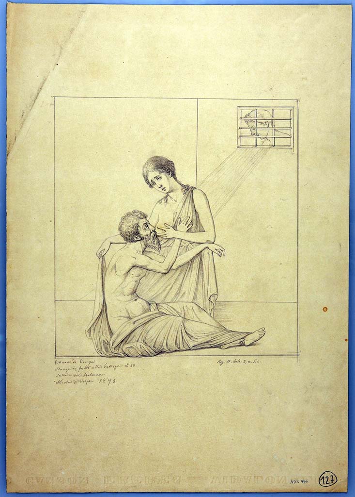 IX.2.5 Pompeii. Drawing by Nicola La Volpe, 1870, of painting of Perone and Cymon from south wall of triclinium.
Now in Naples Archaeological Museum. Inventory number ADS 970.
Photo � ICCD. http://www.catalogo.beniculturali.it
Utilizzabili alle condizioni della licenza Attribuzione - Non commerciale - Condividi allo stesso modo 2.5 Italia (CC BY-NC-SA 2.5 IT)
