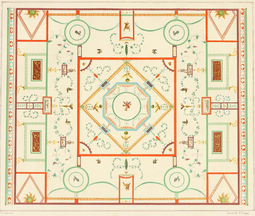 IX.2.10 Pompeii. 1877 copy by Discanno of vaulted ceiling in tablinum.
See Presuhn E., 1877. Die pompejanischen Wanddecorationen. Leipzig: Weigel, Taf. XIII.
