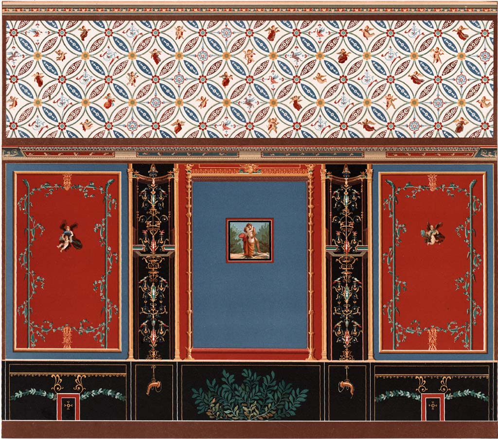 IX.2.10 Pompeii. 1886. Watercolour copy of south wall of cubiculum.
The blue panel in the centre has the painting of Polyphemus and Galatea.
See D’Amelio P., 1886. Dipinti Murali di Pompei. Naples: Richter. Tav. 1.
