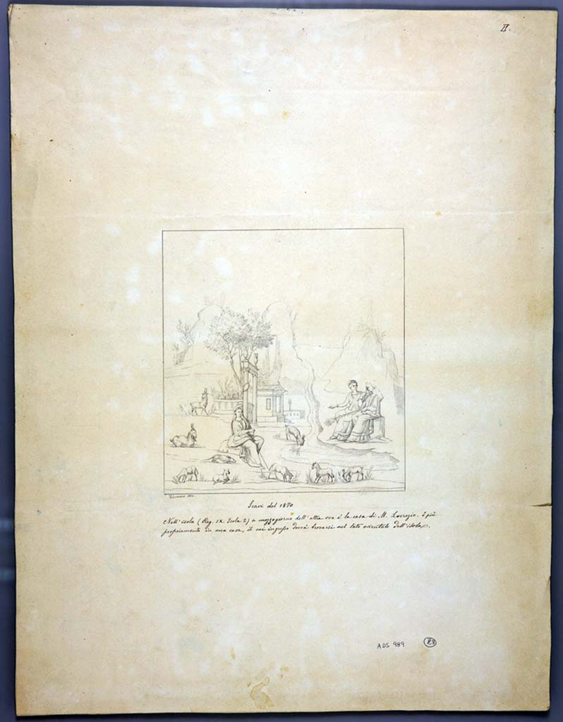 IX.2.18 Pompeii. 1873. Room 10, north wall of cubiculum or triclinium. Drawing by Geremia Discanno, 1870, of painting of Paris, Helen and Venus.
Venus is persuading Helen to listen to the shepherd Paris.
Now in Naples Archaeological Museum. Inventory number ADS 989.
Photo © ICCD. http://www.catalogo.beniculturali.it
Utilizzabili alle condizioni della licenza Attribuzione - Non commerciale - Condividi allo stesso modo 2.5 Italia (CC BY-NC-SA 2.5 IT)
See Notizie degli Scavi di Antichità, 1873, Tav. II.
See Reinach S., 1922. Répertoire de peintures grecques et romaines. Paris Leroux, 164, 3.
See Sogliano, A., 1879. Le pitture murali campane scoverte negli anni 1867-79. Napoli: Giannini. (p. 108, no.568).