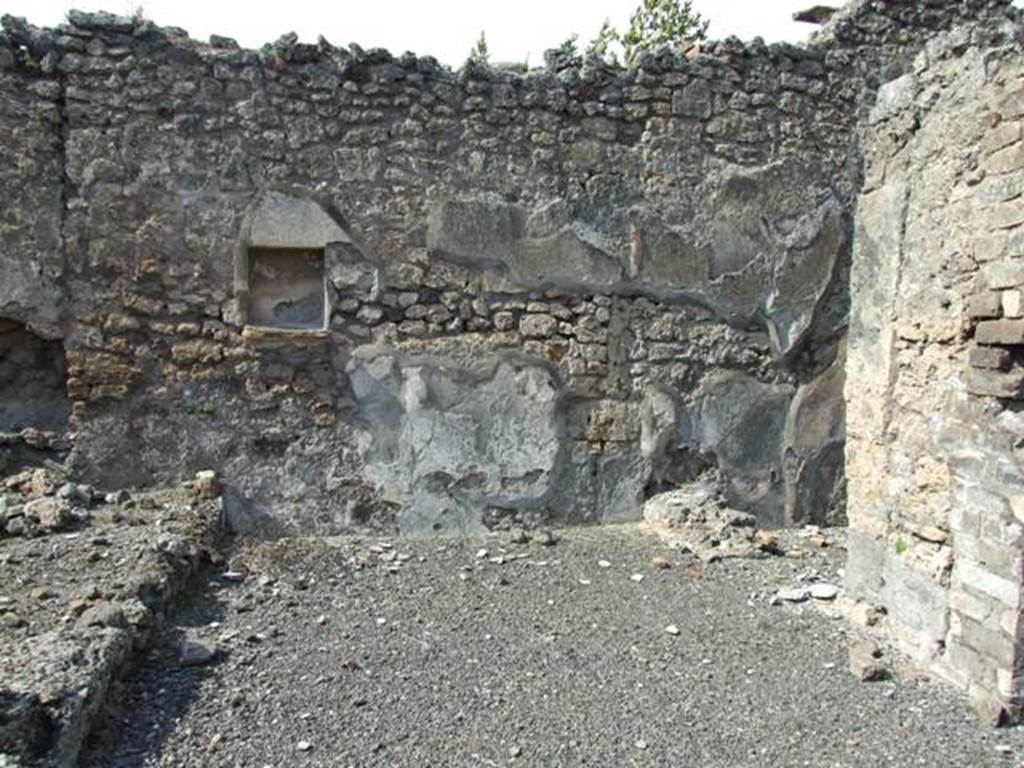 IX.2.18 Pompeii. March 2009. Room 11. Garden area. North wall of East Portico. Below the niche was a painted serpent creeping between plants.
On the plants were birds and an owl. Today, only the niche remains.
See Giacobello, F., 2008. Larari Pompeiani: Iconografia e culto dei Lari in ambito domestico. Milano: LED Edizioni. P.283