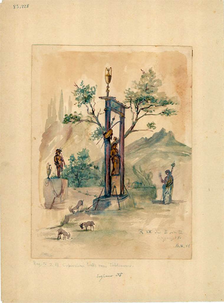 IX.2.18 Pompeii. 1888 watercolour. Room 4, north wall of cubiculum.
Sacred landscape with bronze statue of Dionysus under the sacred portal.
A bacchante approaches a sphynx.
Behind the statue of Dionysus is a statue of Pan.
Three goats graze nearby.
See Sogliano, A., 1879. Le pitture murali campane scoverte negli anni 1867-79. Napoli: Giannini. (p.52, no: 245)
DAIR 83.228. Photo � Deutsches Arch�ologisches Institut, Abteilung Rom, Arkiv.
According to Kuivalainen, 
Bacchus is often represented in sacro-idyllic landscapes among other statues, in this case a Pan made of bronze and a sphinx of marble. The sphinx may allude to Thebes as the domicile of Semele. I rely on the excavator�s report of Bacchus having a beard, though it is no longer clearly visible in drawings. I would see a bearded Bacchus in the drawing by G. Discanno, but e.g. Sampaolo has made no comments of it. The drawing is from the year 1870, so made right after the excavation unlike the later watercolour. The approaching female is either a Maenad or a worshipper. The shrine, a simple structure, protects the statue. A remarkable feature is the asymmetrical position of the ritual requisite.
See Kuivalainen, I., 2021. The Portrayal of Pompeian Bacchus. Commentationes Humanarum Litterarum 140. Helsinki: Finnish Society of Sciences and Letters, (p.84-5, A8).

