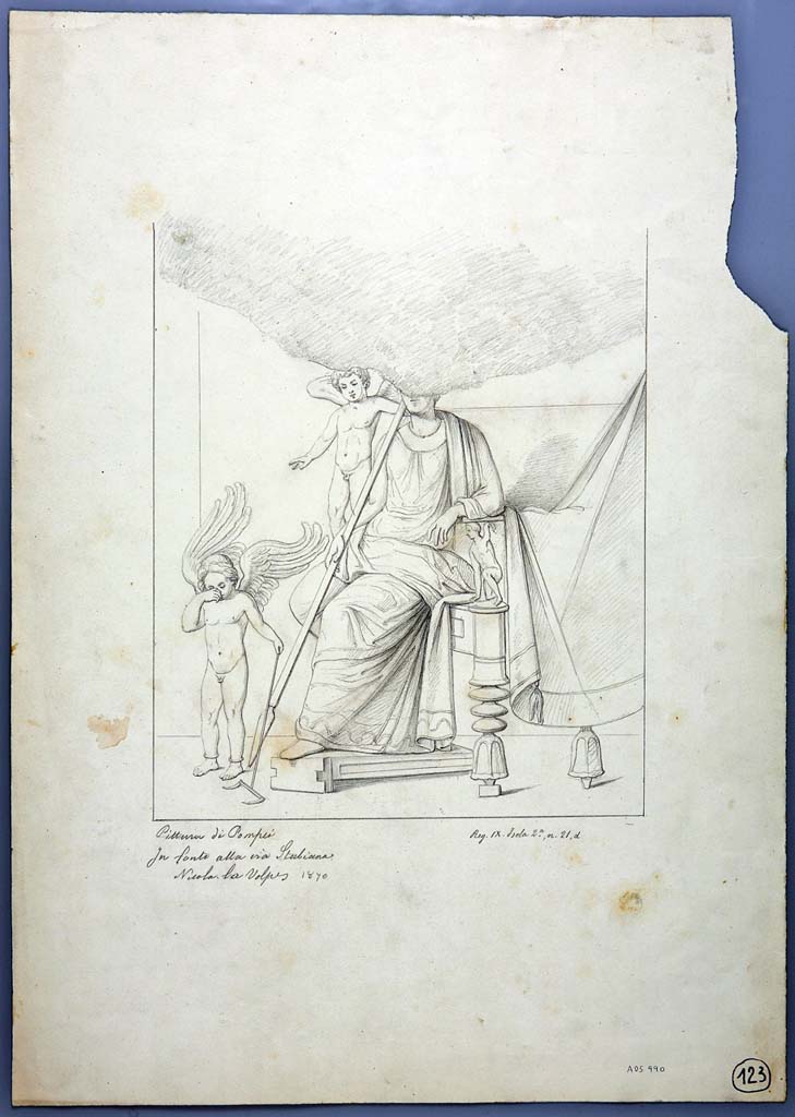 IX.2.21 Pompeii. Drawing by Nicola La Volpe, 1870, of painting of Punishment of the Cupids, from room 3, centre of west wall.
Now in Naples Archaeological Museum. Inventory number ADS 990.
Photo � ICCD. http://www.catalogo.beniculturali.it
Utilizzabili alle condizioni della licenza Attribuzione - Non commerciale - Condividi allo stesso modo 2.5 Italia (CC BY-NC-SA 2.5 IT)
