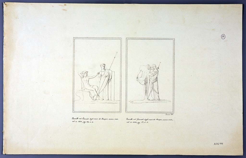 IX.2.21 Pompeii. Room 5, north wall. Copy of painting of Dionysius and Ariadne.
Two drawings by Geremia Discanno, 1870, of paintings seen on the walls of this house.
The drawing on the left may be from the north (or west) wall of room 5 showing a sitting Dionysus and a standing Arianna.
The drawing on the right of a female figure standing near a herm of Dionysus, from cubiculum, room 13. 
Now in Naples Archaeological Museum. Inventory number ADS 990.
Photo � ICCD. https://www.catalogo.beniculturali.it
Utilizzabili alle condizioni della licenza Attribuzione - Non commerciale - Condividi allo stesso modo 2.5 Italia (CC BY-NC-SA 2.5 IT)
See Sogliano, A., 1879. Le pitture murali campane scoverte negli anni 1867-79. Napoli: Giannini. (p.127 no.621).
Kuivalainen describes the painting on the left, as destroyed, and from the west wall.
Kuivalainen comments �
�Bacchus to judge by the thyrsus, depicted with Ariadne or a maenad. The youth is the more active figure.�
See Kuivalainen, I., 2021. The Portrayal of Pompeian Bacchus. Commentationes Humanarum Litterarum 140. Helsinki: Finnish Society of Sciences and Letters, (p.131, D9).

