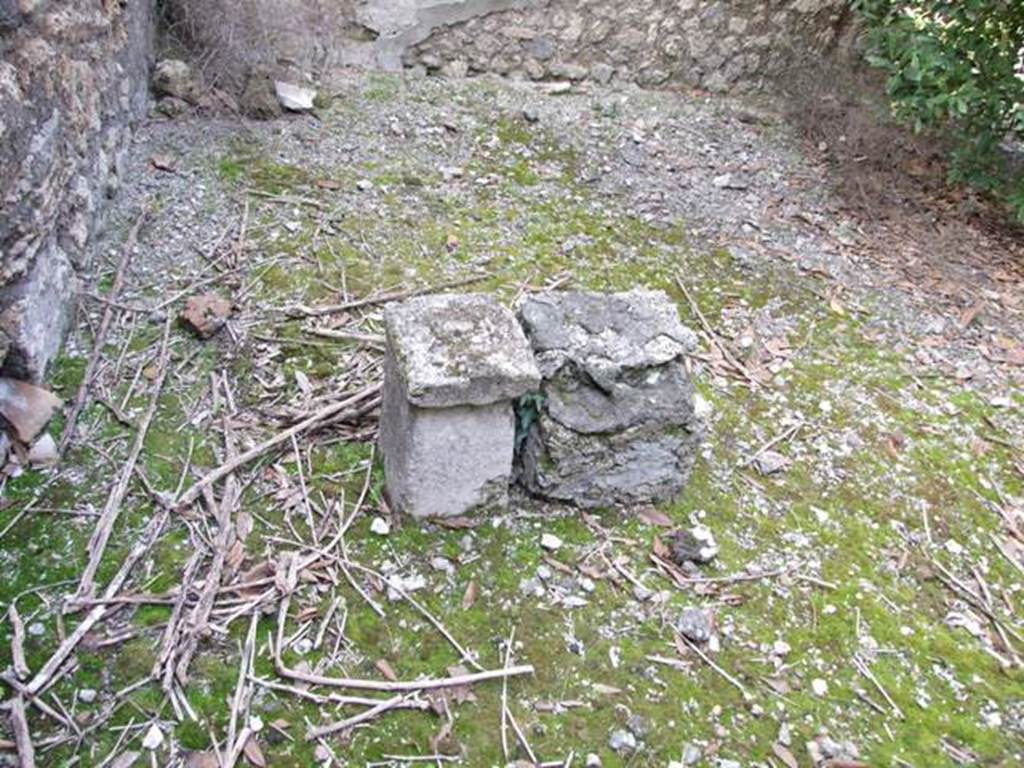 IX.2.21 Pompeii. March 2009. Room 11, south-west corner of garden area.  According to Jashemski: 
�Fiorelli mentions, but does not locate, an altar in the garden.  
Trendelenburg mentions both a statue base and an altar.  Neither are there today�.  
See Jashemski, W. F., 1993. The Gardens of Pompeii, Volume II: Appendices. New York: Caratzas. (p.229).
According to Boyce, �the report in the Bull. Inst. describes a second statue base with altar in the peristyle; Fiorelli mentions only an altar; there is nothing to be seen there today�.
See Boyce G. K., 1937. Corpus of the Lararia of Pompeii. Rome: MAAR 14. (p.81, no.401)
Boyce gave the reference - Bull. Inst., 1871, 193. 


