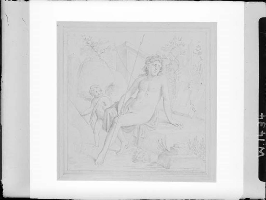 IX.2.27 Pompeii. W.1434. Drawing of painting of Narcissus, found on west wall of triclinium on south side of garden.
Photo by Tatiana Warscher. Photo © Deutsches Archäologisches Institut, Abteilung Rom, Arkiv. 
