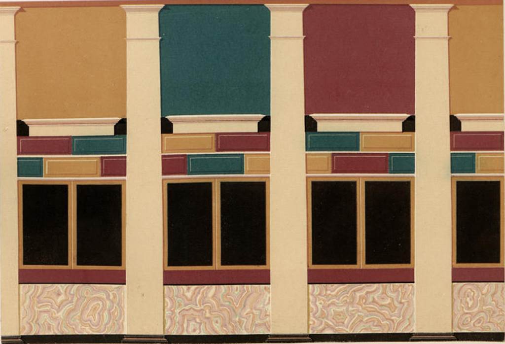 VI.3.2 Pompeii. 1882. Reconstruction painting of walls in garden area. See Mau, A. 1882. Geschichte der Decorativen Wandmalerei in Pompeji. Berlin: Reimer. (p. 20, Taf I).