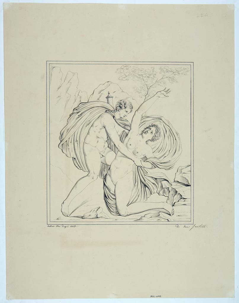 IX.3.5 Pompeii. Drawing by Antonio Ala, 1849, of Apollo and Daphne from the south wall of the triclinium.
See Helbig, W., 1868. Wandgem�lde der vom Vesuv versch�tteten St�dte Campaniens. Leipzig: Breitkopf und H�rtel, (207).
Now in Naples Archaeological Museum. Inventory number ADS 1092.
Photo � ICCD. http://www.catalogo.beniculturali.it
Utilizzabili alle condizioni della licenza Attribuzione - Non commerciale - Condividi allo stesso modo 2.5 Italia (CC BY-NC-SA 2.5 IT)
