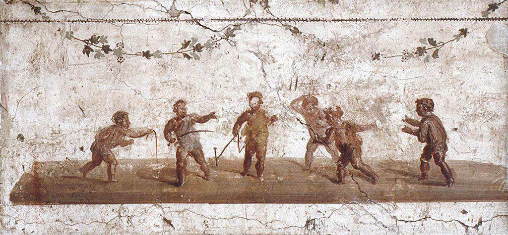 IX.3.5 Pompeii. Painting of children playing, seen in the frieze of exedra, room 25.
See Helbig, W., 1868. Wandgem�lde der vom Vesuv versch�tteten St�dte Campaniens. Leipzig: Breitkopf und H�rtel, (1477).
Now in Naples Archaeological Museum. Inventory number 9103.
