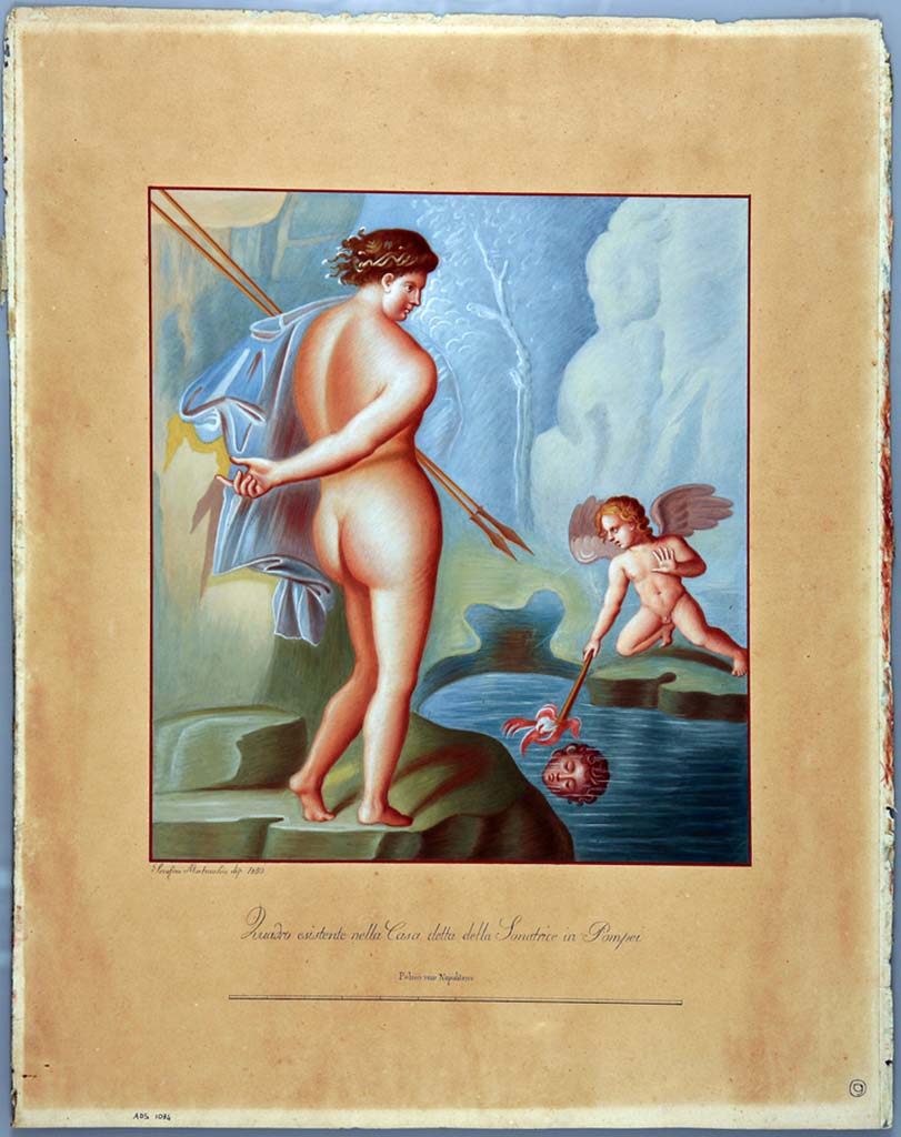 IX.3.5 Pompeii. Room 4, centre panel of the west wall. Watercolour copy by Serafino Mastracchio, 1850, of wall painting of Narcissus.
Now in Naples Archaeological Museum. Inventory number ADS 1034.
Photo © ICCD. http://www.catalogo.beniculturali.it
Utilizzabili alle condizioni della licenza Attribuzione - Non commerciale - Condividi allo stesso modo 2.5 Italia (CC BY-NC-SA 2.5 IT)
