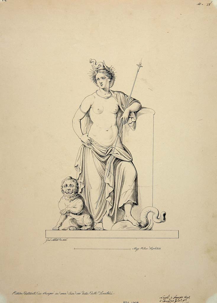 IX.3.5 Pompeii. Room 15, upper centre of east wall. Drawing by Giuseppe Abbate, 1848, of figure personifying either Egypt or Alexandria.
Now in Naples Archaeological Museum. Inventory number ADS 1009.
Photo © ICCD. http://www.catalogo.beniculturali.it
Utilizzabili alle condizioni della licenza Attribuzione - Non commerciale - Condividi allo stesso modo 2.5 Italia (CC BY-NC-SA 2.5 IT)
