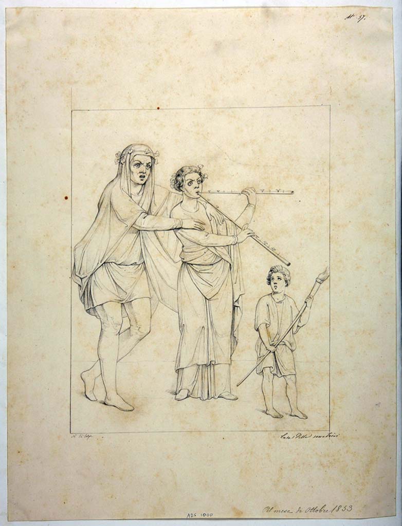 IX.3.5 Pompeii. Drawing by Nicola La Volpe, October 1853, of the wall painting of the musicians, from south wall of entrance corridor. 
Now in Naples Archaeological Museum. Inventory number ADS 1000.
Photo © ICCD. http://www.catalogo.beniculturali.it
Utilizzabili alle condizioni della licenza Attribuzione - Non commerciale - Condividi allo stesso modo 2.5 Italia (CC BY-NC-SA 2.5 IT)
