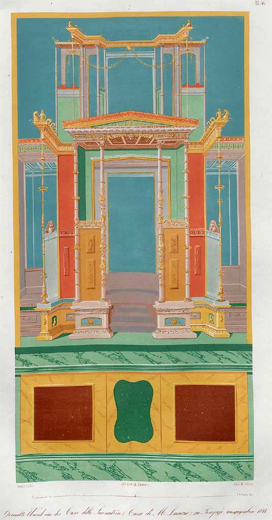 IX.3.5 Pompeii. Pre-June 1854. 
Painting of atrium wall in the colours of the original by W. Zahn.
See Zahn, W., 1852. Die schönsten Ornamente und merkwürdigsten Gemälde aus Pompeji, Herkulanum und Stabiae: III. Berlin: Reimer, Taf. 56.

