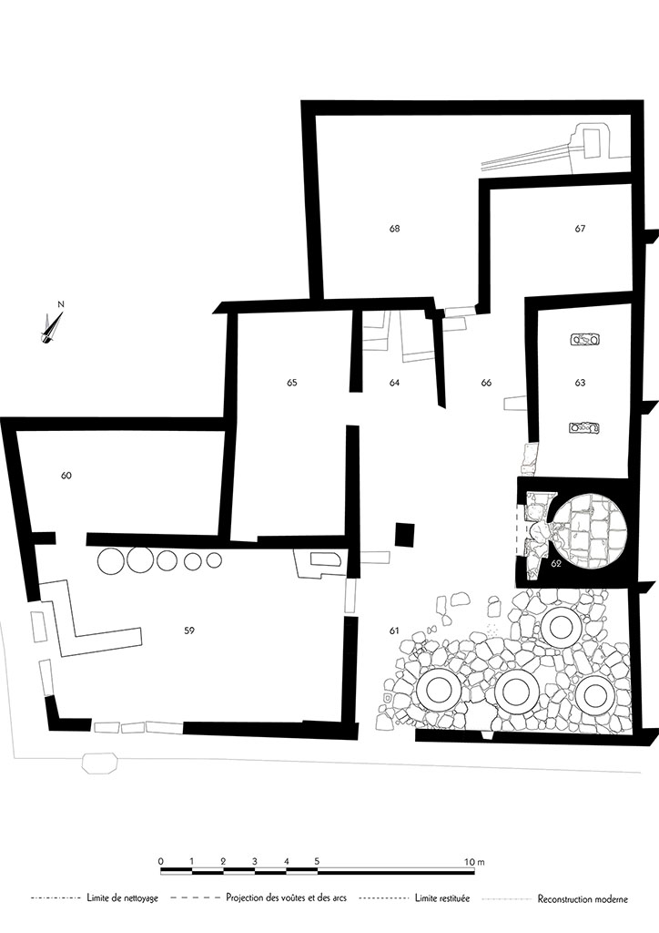 Fig. 64 � Pomp�i, boulangerie IX 3, 10-12 � Relev� de l�ensemble de la boulangerie.
�chelle : 1/100.
Relev� / dessin : M. Holappa (EPUH) / F. Fouriaux / A. Delvigne-Ryrko / A. B�ranger / S. Mencarelli � EFR.
