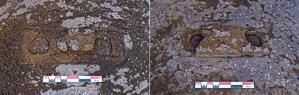 Fig. 69 � Pomp�i, boulangerie IX 3, 10-12 � Salle de fa�onnage, pieds ma�onn�s pr�vu pour permettre l�encastrement d�un coffre de p�trissage.
� g., pied m�ridional ; � d. pied septentrional ; vues du sud.
Clich�s : A. Delvigne-Ryrko � EFR.
