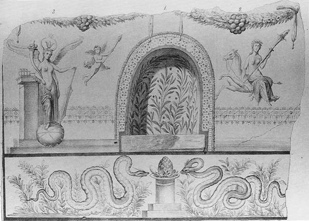 IX.3.12 Pompeii. 1872 drawing of lararium painting and niche on south wall. The niche had green and brown leaves and red flowers. On the white plaster surrounding the niche, there were paintings. On the right, Luna was sitting on a horse. On the left, Isis-Fortuna with large green wings and a crescent moon with a lotus flower in the middle of her head.
To the side of Isis-Fortuna was a cupid holding a lighted torch in both hands. Below the niche, were two large bearded and crested serpents in front of an altar with egg and pine-cone on top. See Boyce G. K., 1937. Corpus of the Lararia of Pompeii. Rome: MAAR 14. (p.83 and Pl.26,1). See Fr�hlich, T., 1991. Lararien und Fassadenbilder in den Vesuvst�dten. Mainz: von Zabern. (L102, p. 295, Taf. 45.1). See Pappalardo, U., 2001. La Descrizione di Pompei per Giuseppe Fiorelli (1875). Napoli: Massa Editore. (p. 146). See Annali dell�Instituto di Corrispondenza Archeologica (DAIR), Vol. 44, 1872, p. 35ff, Tav C.