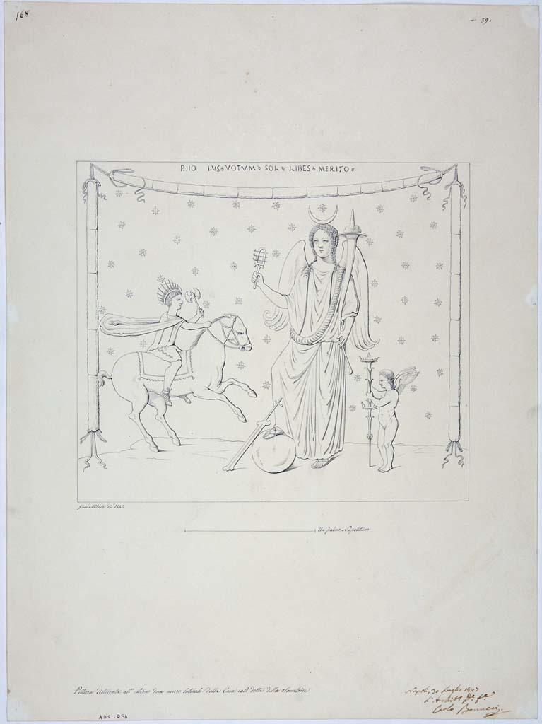 IX.3.15 Pompeii. Drawing by Giuseppe Abbate, 1847, of lararium painting with CIL IV 882, above it.
Now in Naples Archaeological Museum. Inventory number ADS 1094.
Photo � ICCD. http://www.catalogo.beniculturali.it
Utilizzabili alle condizioni della licenza Attribuzione - Non commerciale - Condividi allo stesso modo 2.5 Italia (CC BY-NC-SA 2.5 IT)
According to PPM, the note on this reproduction performed by G. Abbate in 1847 and finished before July 30 of that year (ADS 1094) �on the outside of a side wall of the house so called the Suonatrice� is too generic to solve the problem of the original location of this painting.
See Bragantini I., in 1990-2003. Pompei: Pitture e Mosaici: Vol. IX. Roma: Istituto della enciclopedia italiana, p. 335.