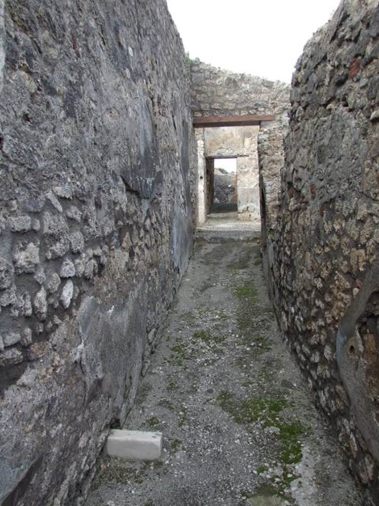 IX.3.15 Pompeii. March 2009. Room 1, entrance corridor, looking north. According to Fiorelli, �This house was preceded by a long open corridor, at the end of which was the latrine sheltered by a roof.  The entrance door to the atrium was here, it had an impluvium and puteal, on the west side of which was a cubiculum and a room, used perhaps as a tablinum. 
Nearby was the corridor, having to the left another spacious cubiculum, from where, mounting two steps, one went into an oecus. Both the oecus and the corridor exited onto the portico, which surrounded the garden area.  This portico supported by ten columns, with a masonry pluteus joining them, was later closed on the north side, to give place to a windowed triclinium, preceded by a storeroom, and by the hearth which was against the latrine.  On the south side there were an exedra, a cubiculum, and a spacious room, these resulted from the breaking down of walls that existed here before.� 
See Fiorelli, G., (1875). Descrizione di Pompei, (p.396).
See Pappalardo, U., 2001. La Descrizione di Pompei per Giuseppe Fiorelli (1875). Napoli: Massa Editore. (p.146)
.