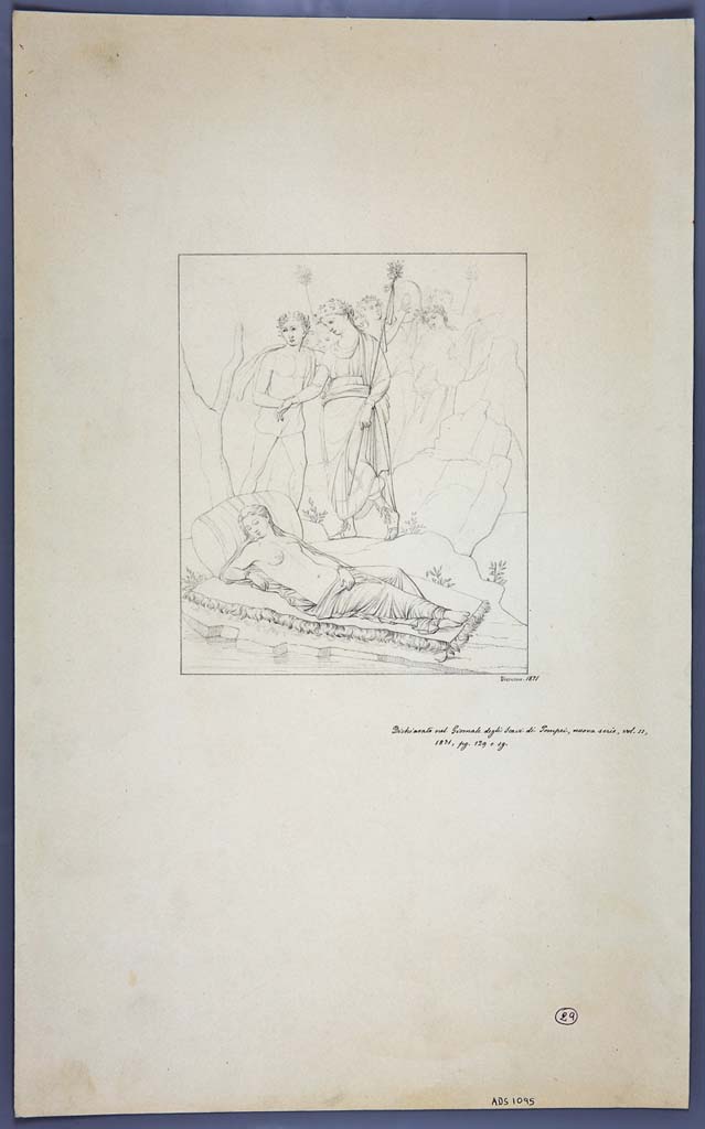 IX.3.19 Pompeii. Room 11, east wall of oecus/triclinium on north-west side of corridor.
Drawing by Geremia Discanno, 1871, of wall painting of Bacchus finding Ariadne.
Now in Naples Archaeological Museum. Inventory number ADS 1095.
Photo � ICCD. https://www.catalogo.beniculturali.it
Utilizzabili alle condizioni della licenza Attribuzione - Non commerciale - Condividi allo stesso modo 2.5 Italia (CC BY-NC-SA 2.5 IT)
Kuivalainen describes �
�A composition of at least eight figures. In front, by the sea, a female figure sleeps on her back on a mattress of leaves, covered with a blue blanket; her head is resting on a high blue pillow; a purple cloak covers her legs. In the middle stands a fully robed youth wearing high boots, a red chiton, and a purple cloak; he is carrying a thyrsus and points towards the woman with his languid right hand, supported by the satyr on his right side. He wears a short cloak, a loincloth, and a pine crown. Behind these are several figures with thyrsi, and one with a tympanum, watching the scene.�
Kuivalainen comments �
�The scene of a fully robed Bacchus discovering Ariadne is depicted as seen from the sea. Exceptionally, she is lying on a mattress, as in E9.�
See Kuivalainen, I., 2021. The Portrayal of Pompeian Bacchus. Commentationes Humanarum Litterarum 140. Helsinki: Finnish Society of Sciences and Letters, (p.152, E14).
