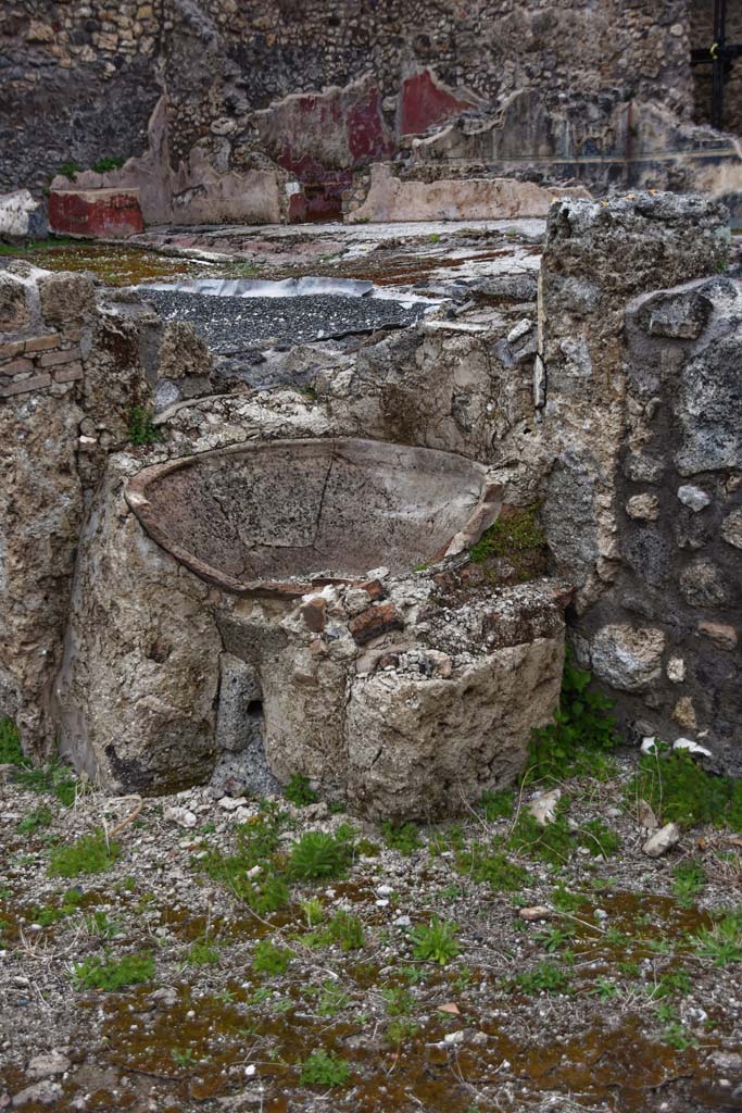 IX.3.21 and IX.3.22 Pompeii. April 2021. 
Looking north-west towards structure with remains of terracotta basin, and site of two rooms with painted wall decoration, at its rear.
Photo courtesy of Nicolas Monteix.

