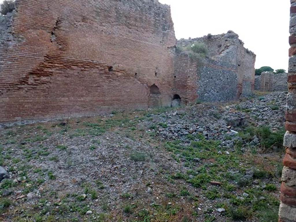 IX.4.15 Pompeii. September 2011. Looking north from entrance into area �t�. On the left is the rear wall of caldarium �s�.
The grey exterior wall of the laconicum (sweating room) �r� can be seen in the centre of the picture.
Photo courtesy of Michael Binns.
